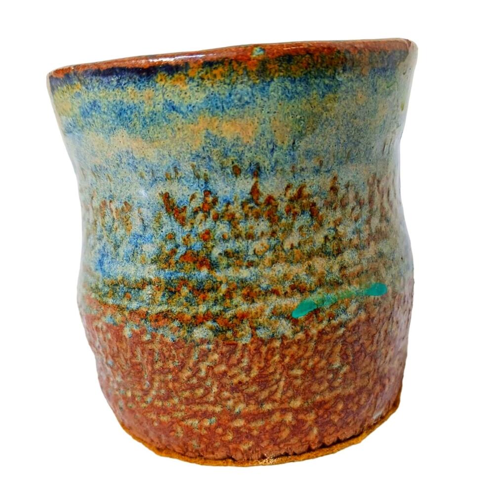 VNT Art Pottery Pencil Holder Tropical Turquise Earthy Glazed Cylinder Office